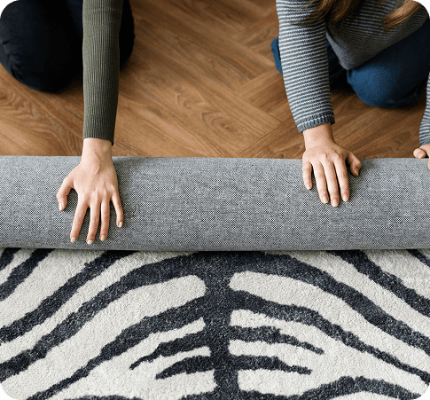 Person placing a zebra-pattern doormat